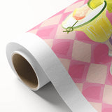 Art deco poster featuring a stylized teacup and saucer in pastel shades on rolled canvas, ideal for nursery wall art.
