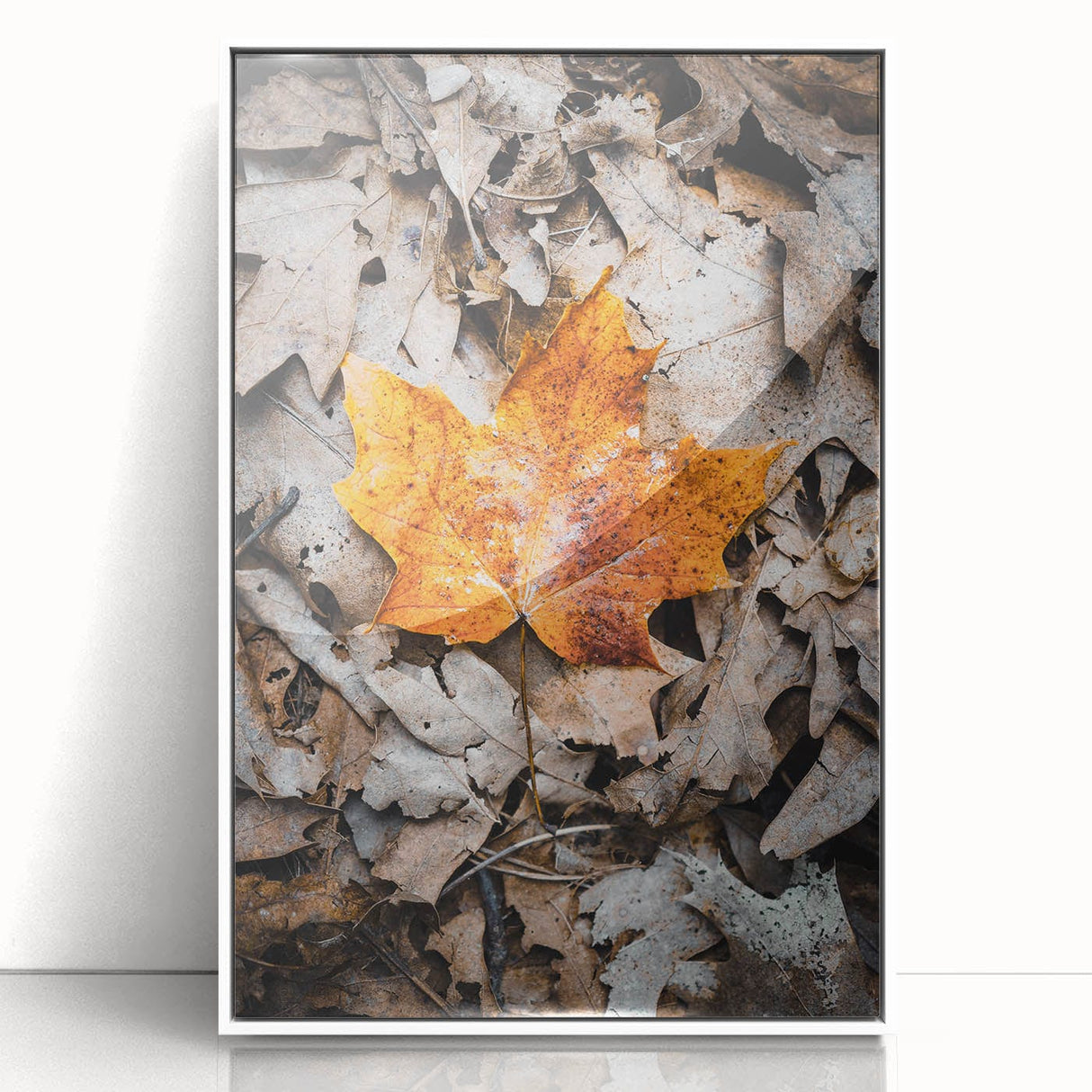 Art deco poster depicting an autumn scene in muted oranges and browns on a framed acrylic, suitable for modern nursery decor.