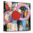 Abstract geometric acrylic glass artwork displayed from a side view, showcasing vibrant colors and sharp angles, secured with stylish pins for a modern aesthetic. Perfect for contemporary home decor.