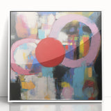 Abstract geometric framed acrylic artwork featuring a white background with intricate shapes in various colors, ideal for modern home decor.