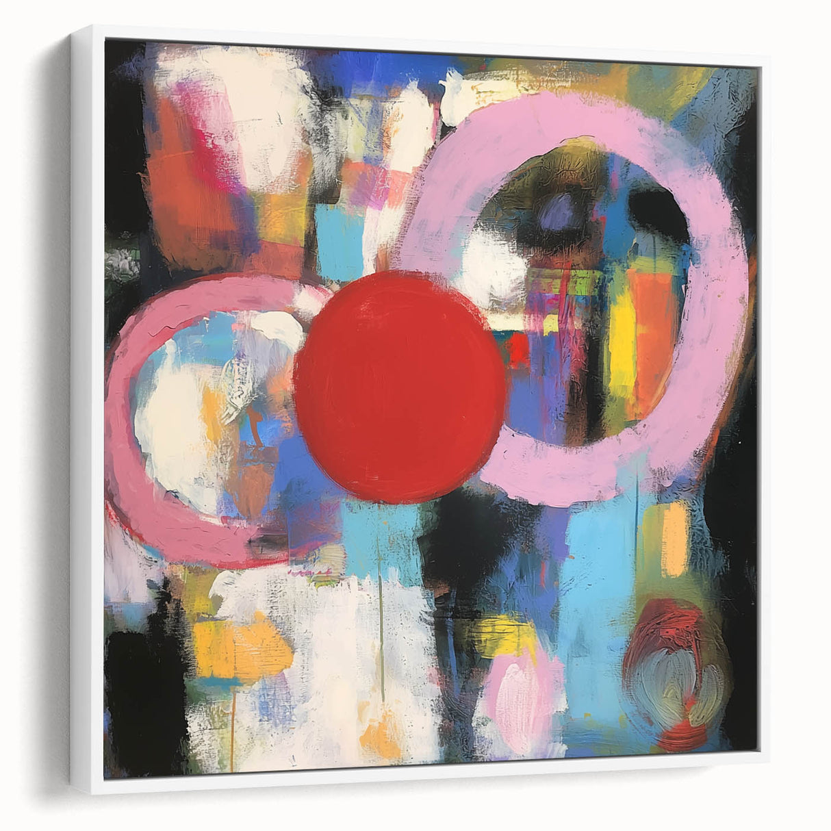 Framed abstract geometric canvas artwork showcasing a modern design in shades of white and gray, ideal for contemporary home decor, viewed from a side angle.