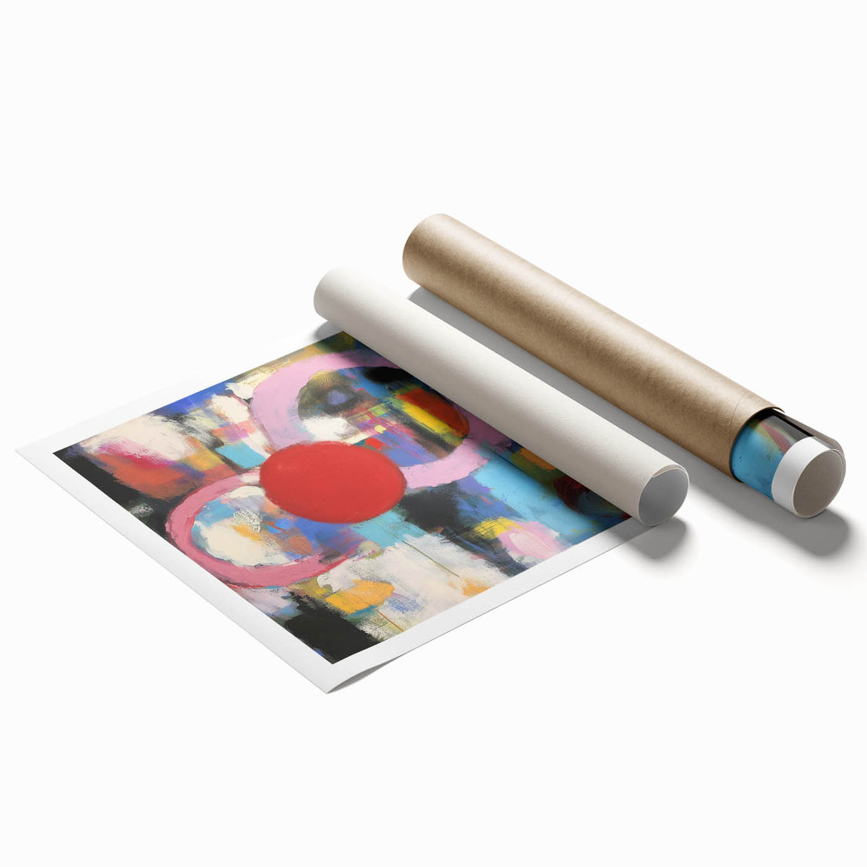 Abstract geometric rolled print showcasing vibrant colors and intricate patterns, elegantly packaged in a durable cardboard tube for easy transport and display. Ideal for modern home decor and art enthusiasts.