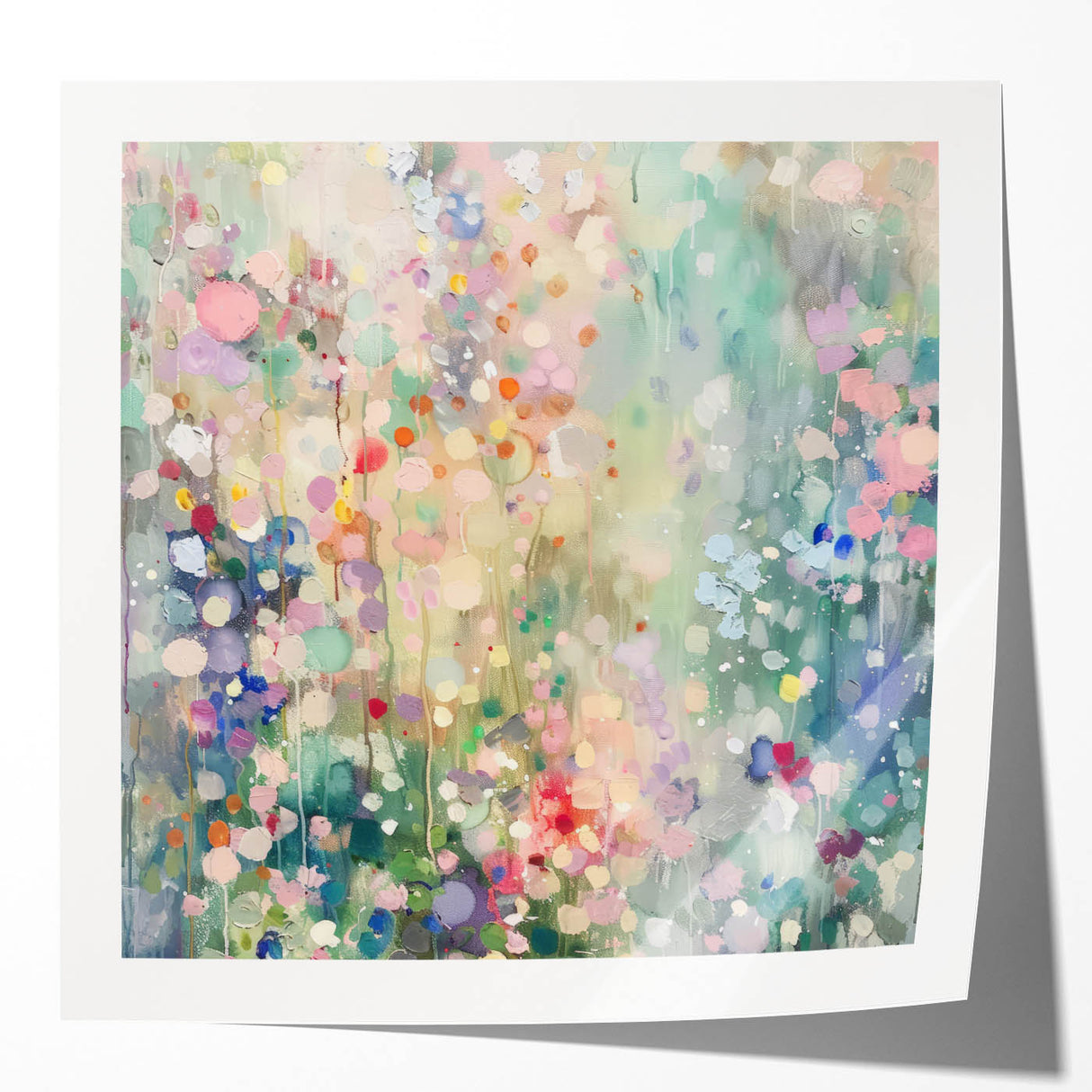 Abstract splatter artwork showcasing vibrant colors and dynamic shapes, ideal for modern decor, presented on a glossy canvas mockup for display purposes.