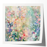 Abstract splatter artwork showcasing vibrant colors and dynamic shapes, ideal for modern decor, presented on a glossy canvas mockup for display purposes.