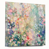 Abstract acrylic splatter art displayed on glass with vibrant colors and a sleek design, perfect for modern home decor or office aesthetics.