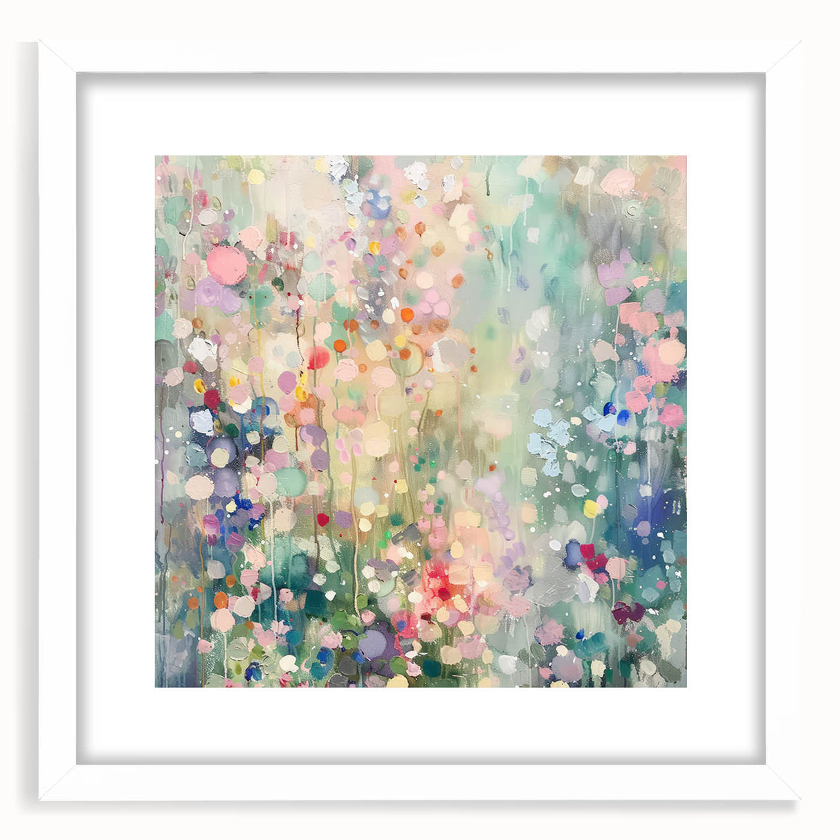 Abstract splatter frame with a white mat, showcasing vibrant paint splashes in blue, yellow, and red, ideal for modern art decor and creative interiors.