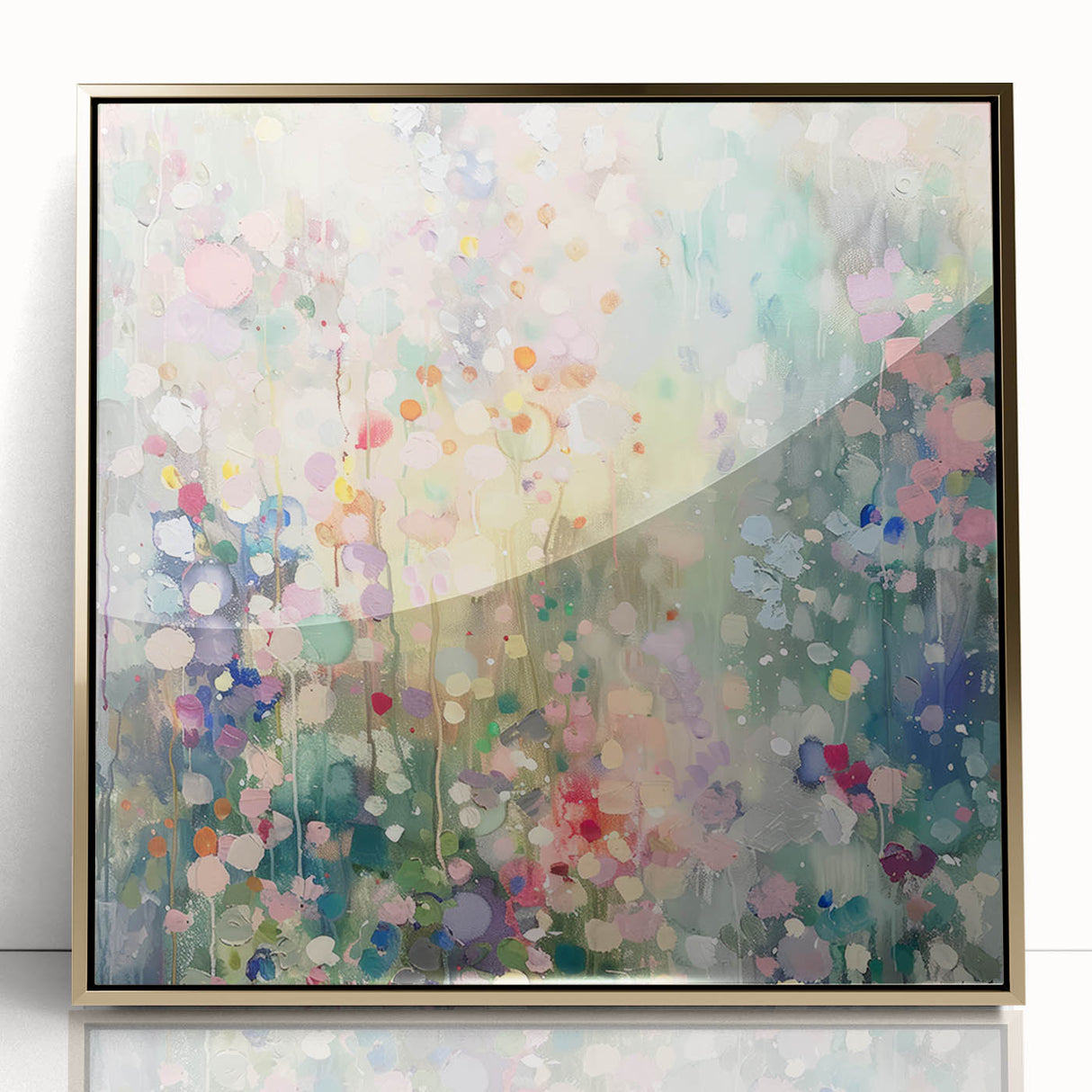 Framed acrylic artwork displaying a vibrant design of abstract gold splatters on a white background, perfect for modern home decor. Ideal for adding a touch of elegance and creativity to any space.