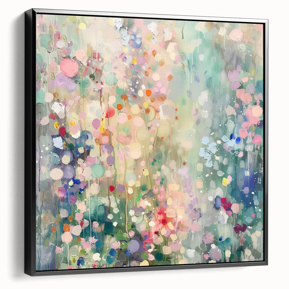 Framed canvas artwork displaying abstract splatters in shades of black, offering a modern aesthetic for contemporary home decor. Ideal for living rooms or office spaces.