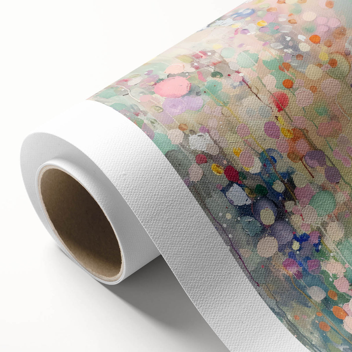 Abstract splatter art design on rolled canvas, showcasing vibrant colors and unique textures, ideal for modern home decor and artistic wall displays.
