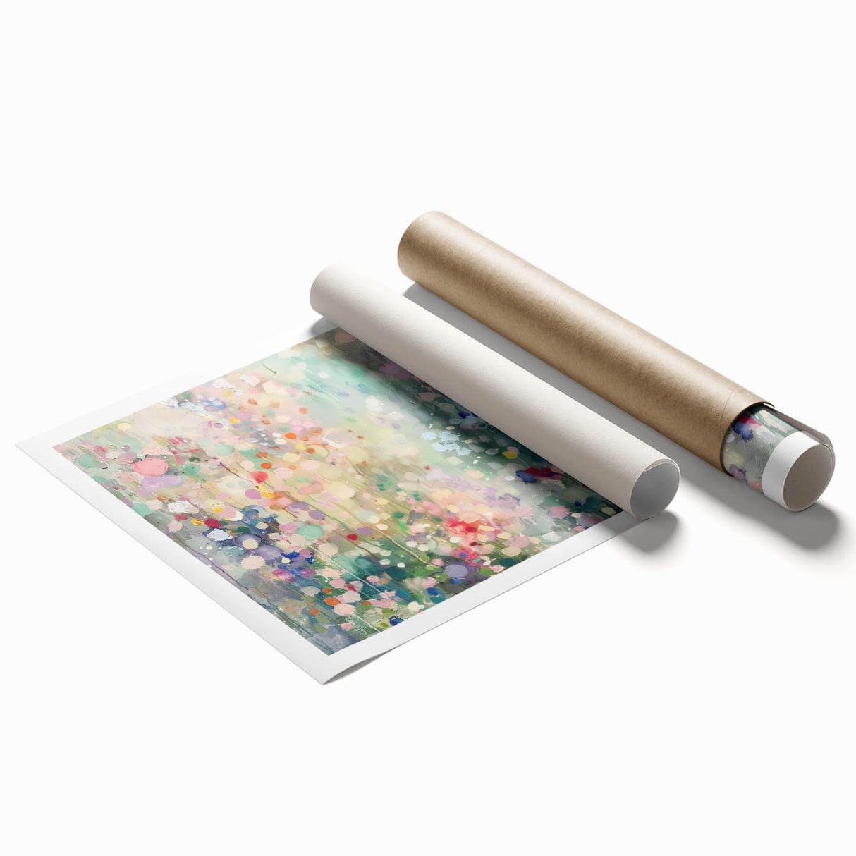 Vibrant abstract splatter art print showcasing an explosion of colors on a textured surface, perfect for modern home decor, rolled and ready for display.