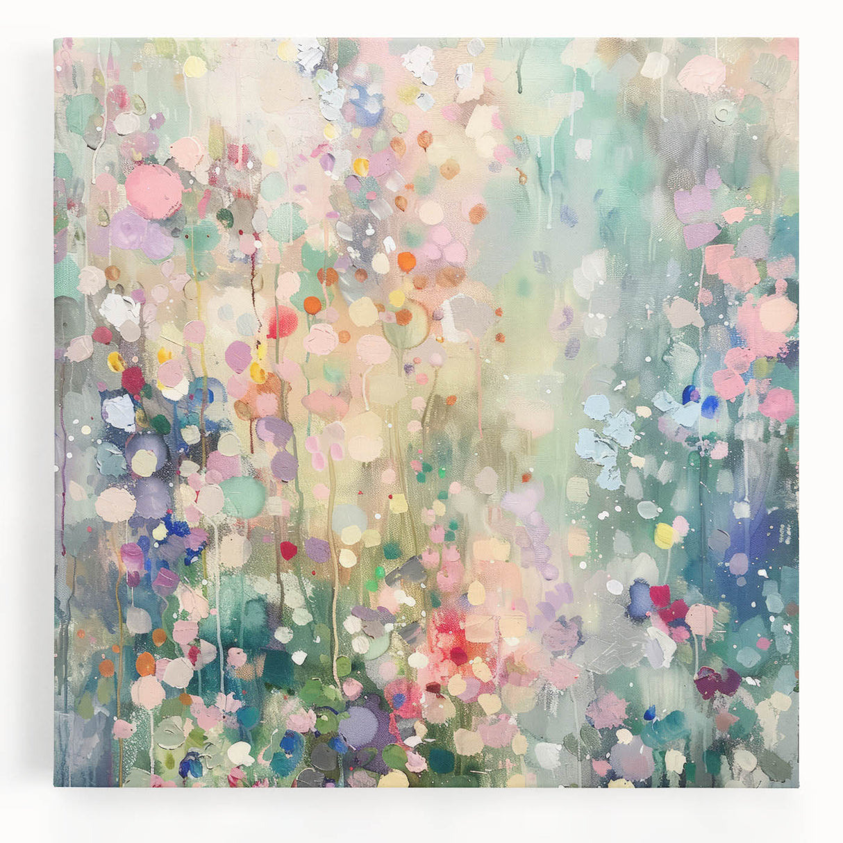 Abstract wall art canvas featuring vibrant splatter designs in shades of blue, orange, and yellow, ideal for modern home decor or artistic gallery displays.