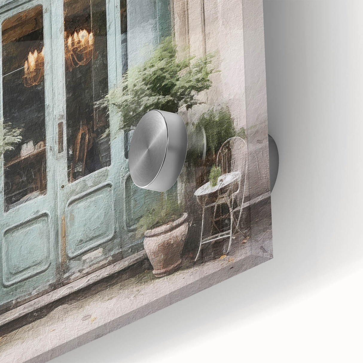 Mid-century modernist acrylic glass wall art featuring a close-up of a French door, in muted earth tones.