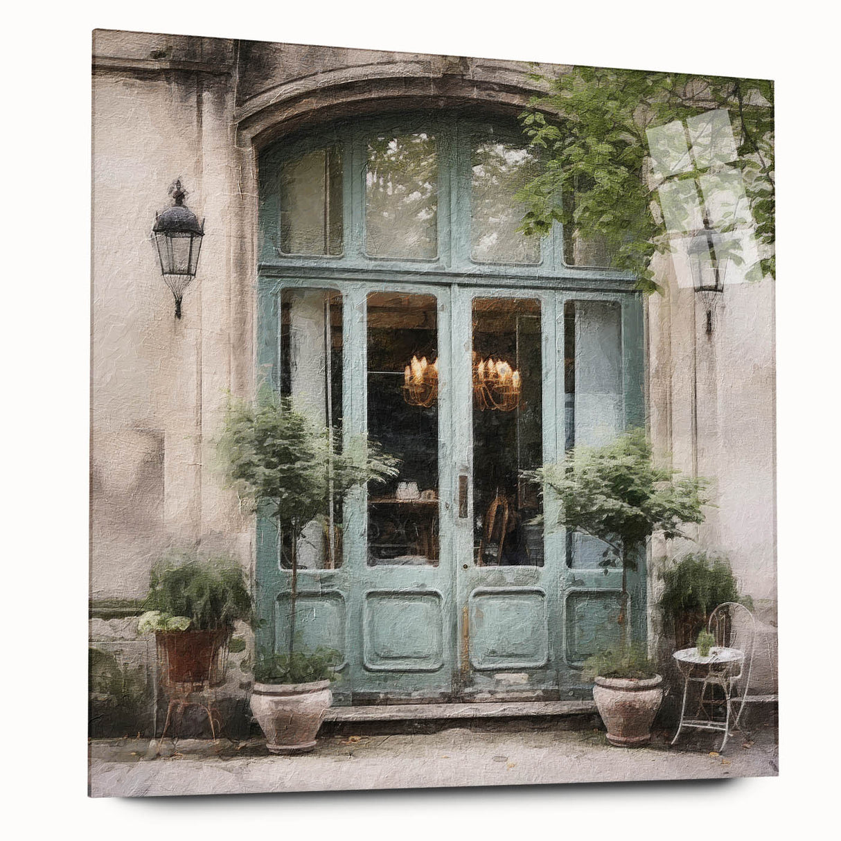 Large abstract wall art of a French door architecture on acrylic glass, ideal for bedroom or dining room decor.