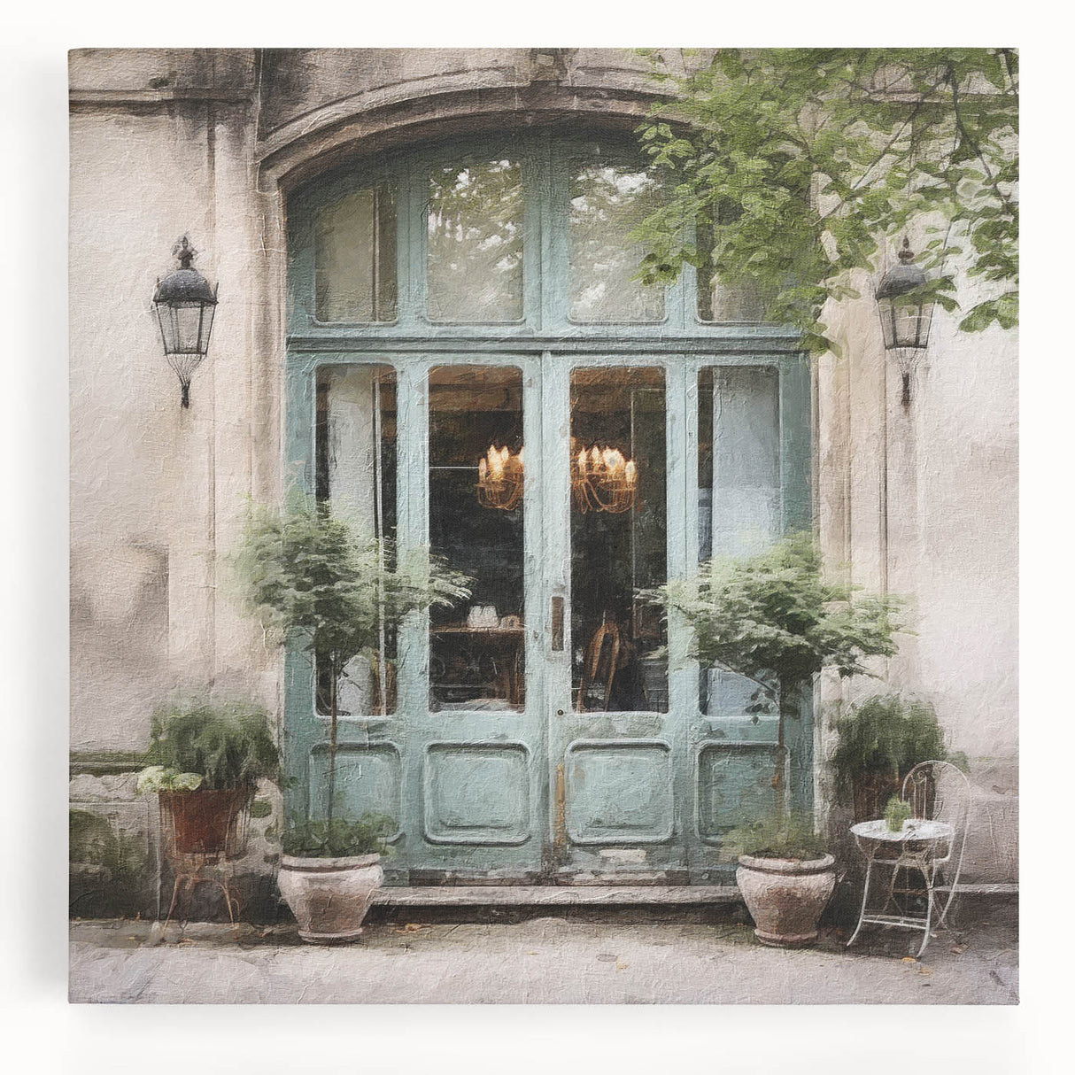 Black and white photograph of a French door design on stretched canvas, suitable for kitchen wall art.