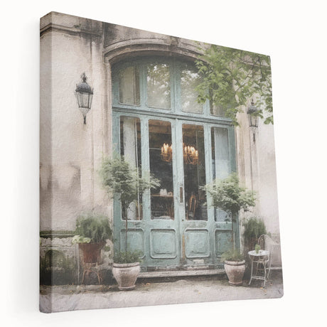 Large art print of a French door architecture on stretched canvas, in neutral tones, ideal for kitchen wall decor.