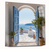 Acrylic glass print of a Greek door design in monochrome, suitable for dining room or bedroom wall art.