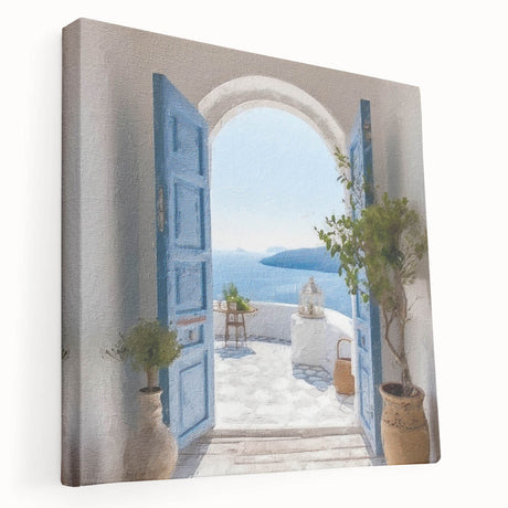 Side view of a large stretched canvas featuring a Greek door architecture design, ideal for kitchen wall art.
