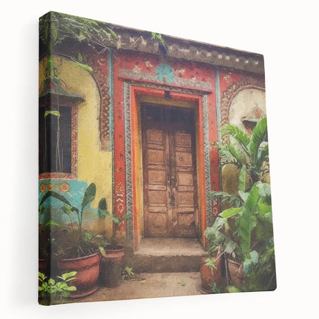 Large canvas print of an intricately detailed Indian door in earthy tones, ideal for kitchen wall art.