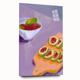 Large abstract acrylic print featuring assorted fruits in vibrant colors, ideal for bedroom or dining room decor.