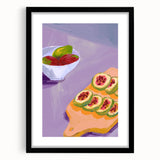 Extra large framed abstract art print of colorful fruits on a textured background, ideal for living room decor.