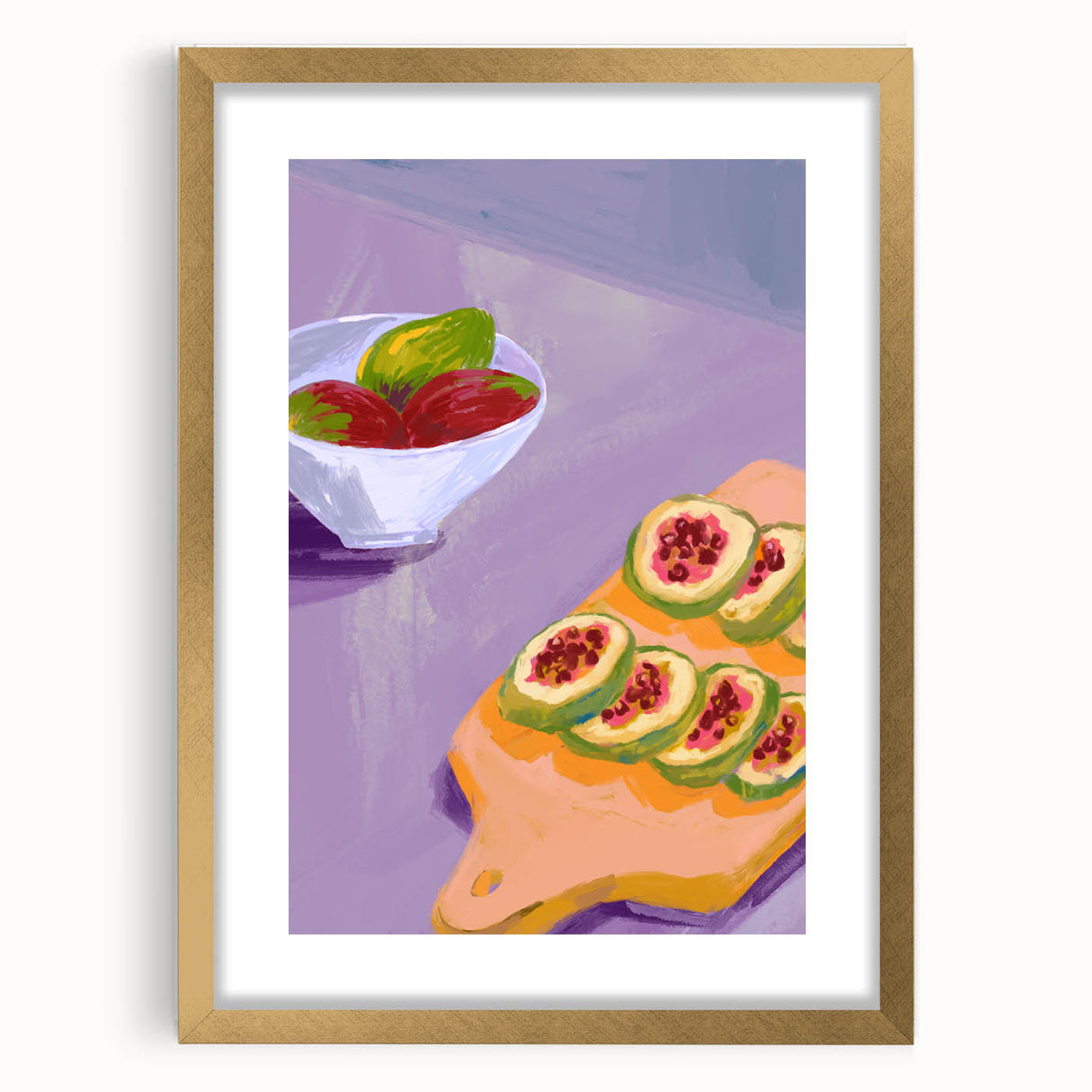 Extra large wall art featuring abstract art prints of fruits in textured style, framed in gold, ideal for living room decor.