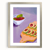 Textured art of abstract fruits in muted earth tones, framed in silver, ideal for kitchen wall decor.