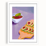 Abstract art print featuring assorted fruits in vibrant colors on a white framed mat, ideal for dining room decor.