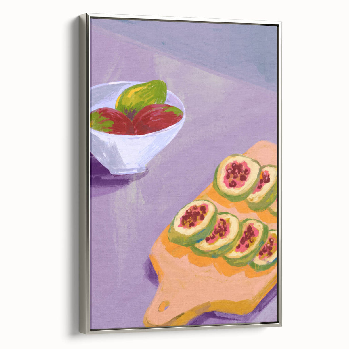 Landscape art painting of colorful fruits on a black background, framed canvas, ideal for kitchen wall decor.