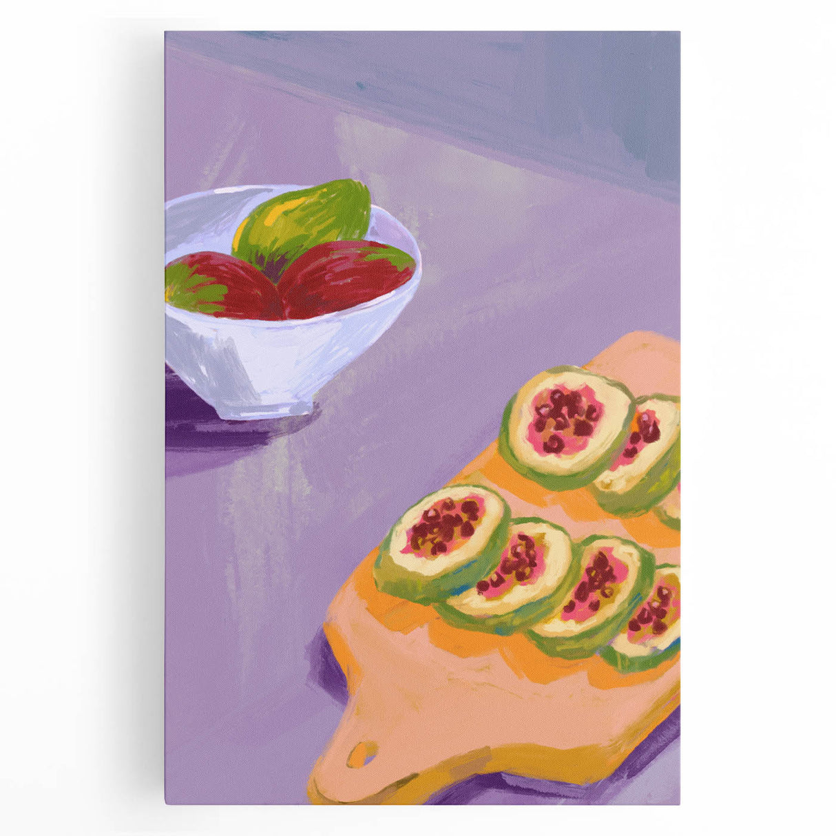 Black and white stretched canvas featuring an array of fruits, ideal for kitchen wall art.
