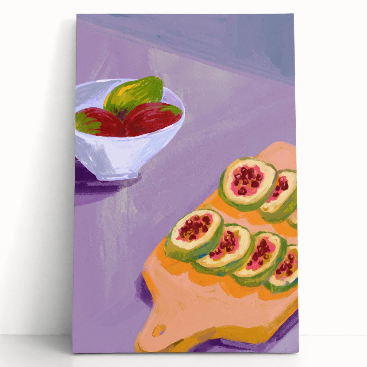 Large black and white canvas wall art featuring assorted fruits, ideal for kitchen decor.