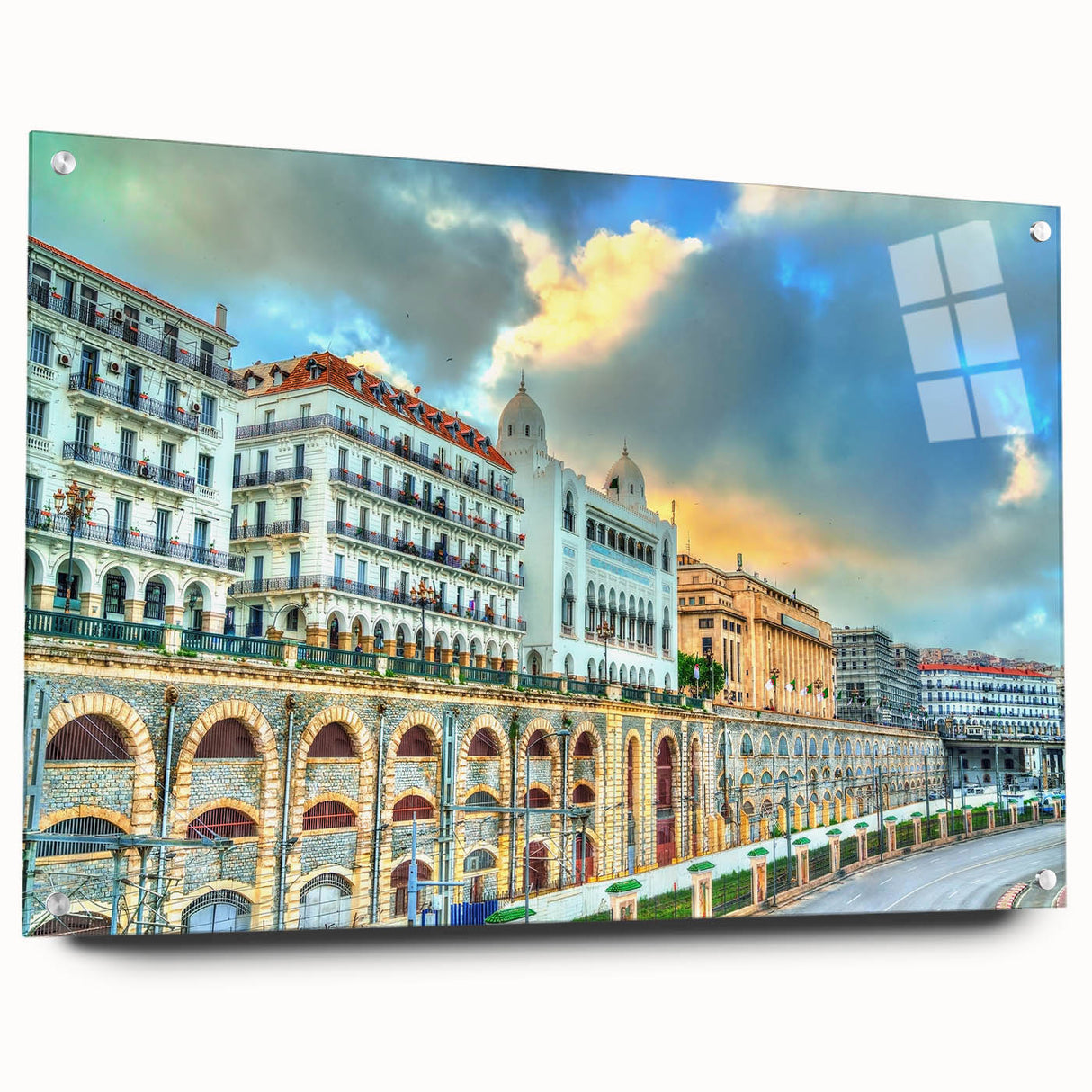 Large abstract wall art depicting an Algerian landscape in muted earth tones on acrylic glass.