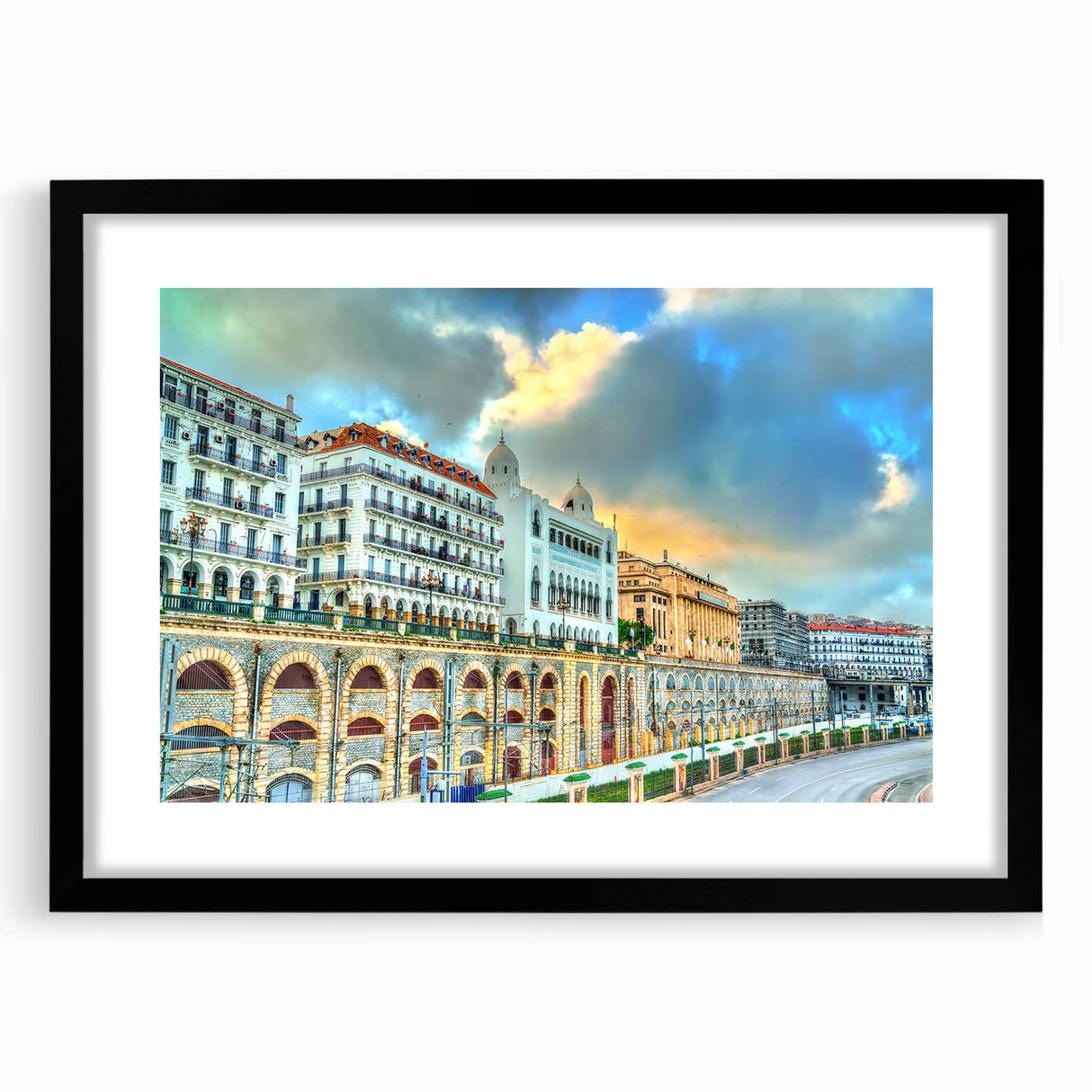 Extra large, textured abstract art print of colorful Algerian landscape on black framed canvas, ideal for living room decor.