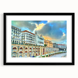 Extra large, textured abstract art print of colorful Algerian landscape on black framed canvas, ideal for living room decor.