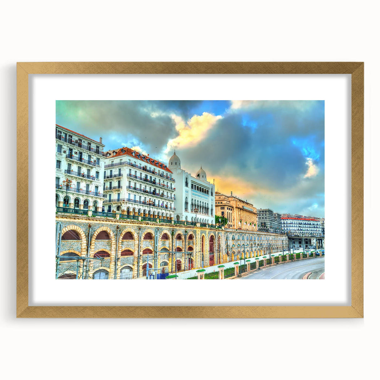 Textured abstract art print depicting a serene Algerian landscape in muted earth tones, framed in gold.