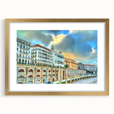 Textured abstract art print depicting a serene Algerian landscape in muted earth tones, framed in gold.