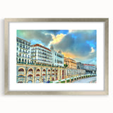 Abstract art print of Algerian scenery in muted earth tones on a framed silver mat.