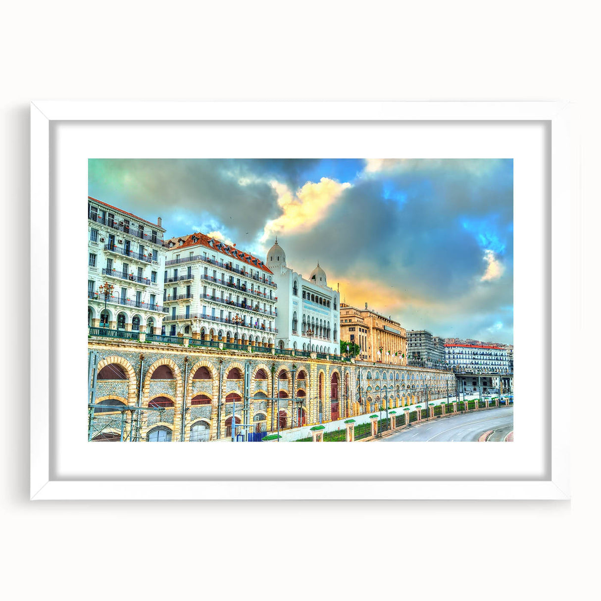 Extra large abstract art print depicting textured African scenery in muted earth tones, framed with a white mat.