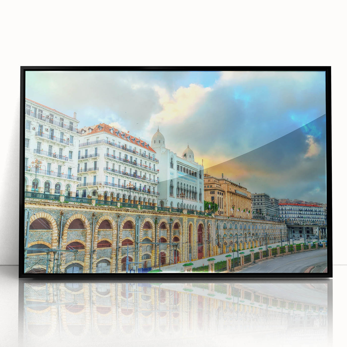 Large abstract wall art depicting an Algerian scenery in black and white on a framed acrylic.