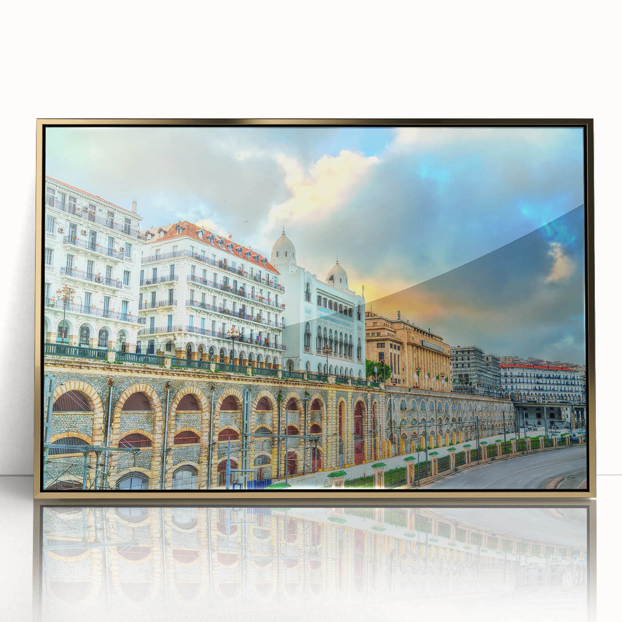Mid-century modernist art depicting Algeria scenery in gold and green tones on a framed acrylic.