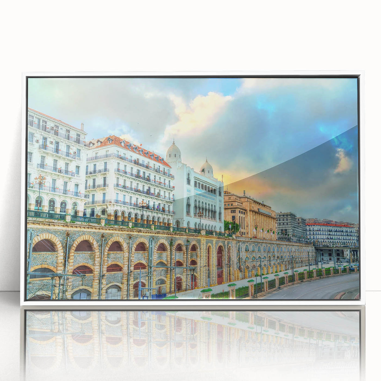 Large art print of an Algerian landscape in mid-century modernist style, acrylic framed in white.