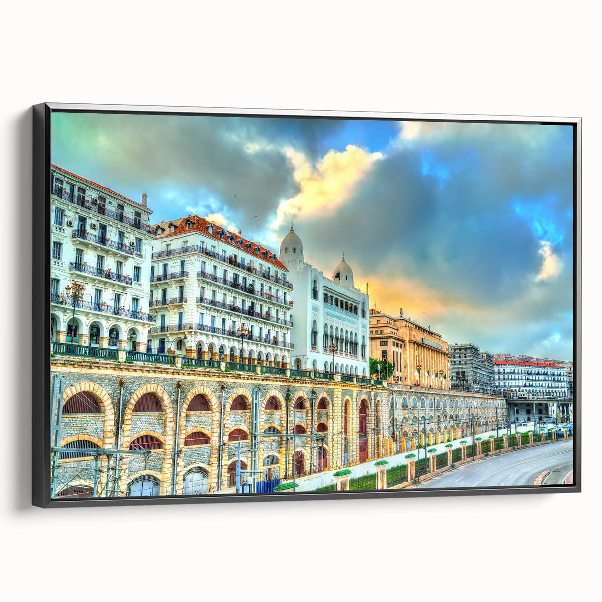 Black and white landscape art painting of Algerian scenery on framed canvas, suitable for bedroom decor.