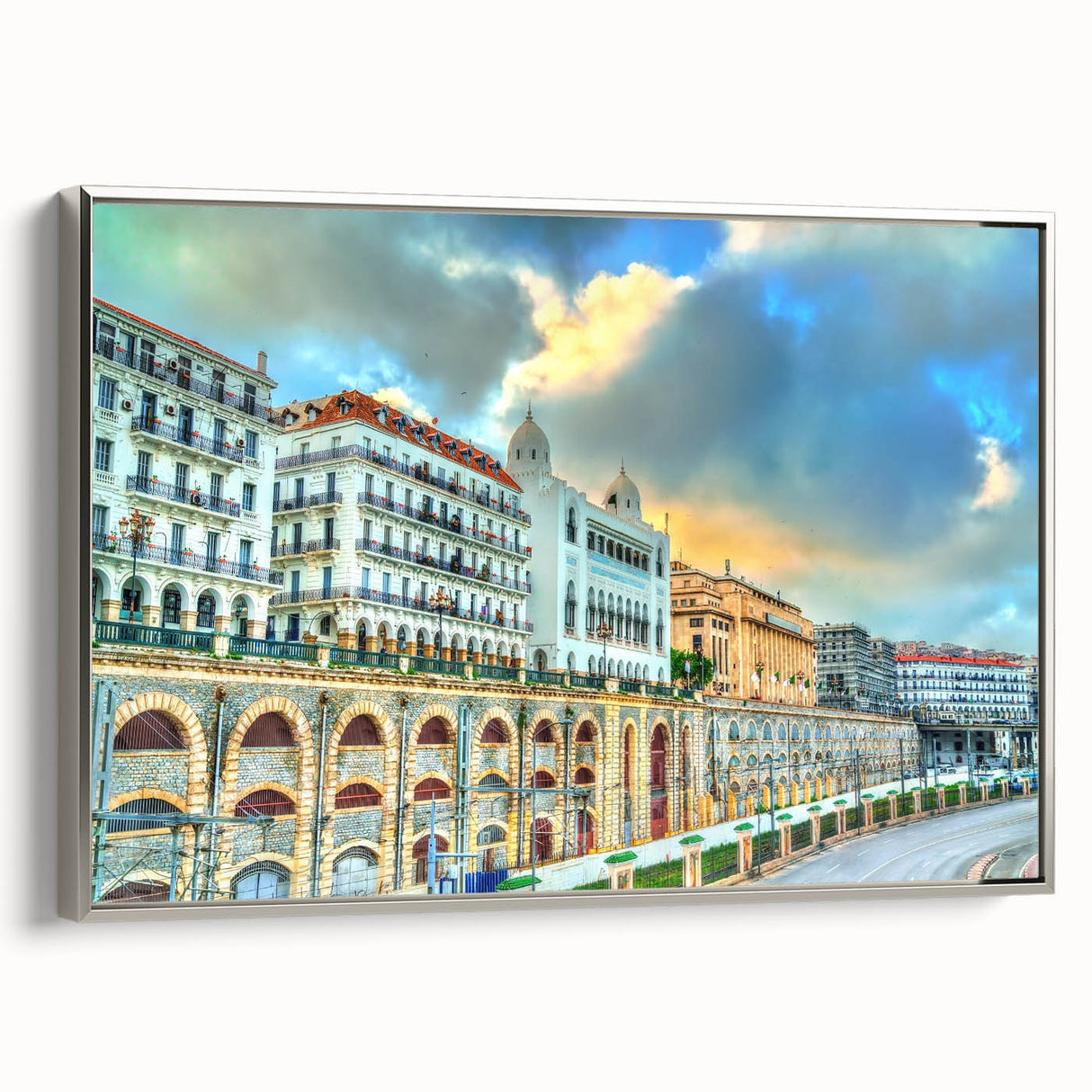 Vintage poster art depicting Algerian scenery on a large framed canvas, featuring vibrant colors against a black background.