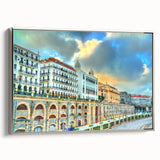 Vintage poster art depicting Algerian scenery on a large framed canvas, featuring vibrant colors against a black background.