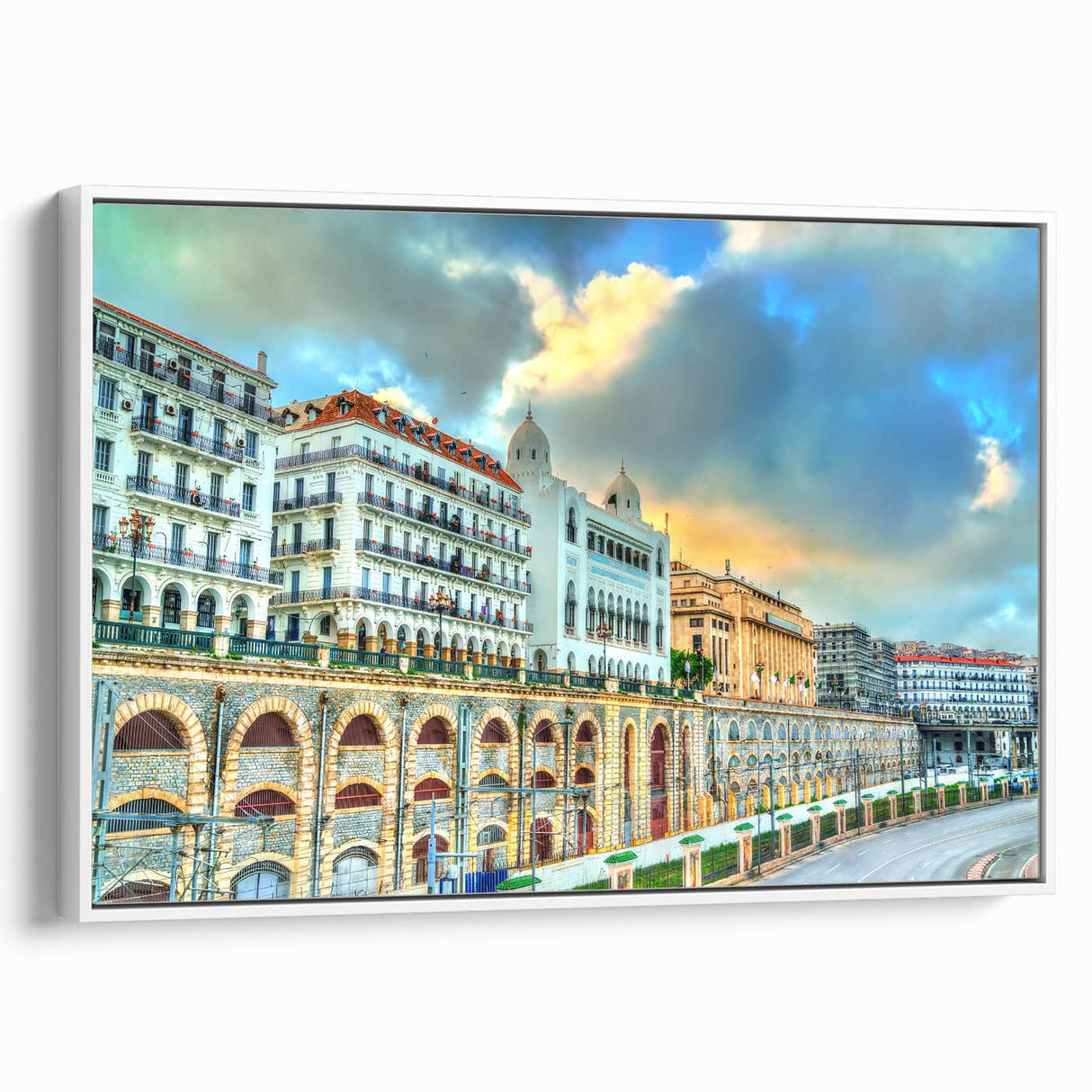 Framed canvas depicting a vintage-style Algerian landscape in black and white tones, ideal for bedroom wall art.