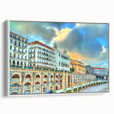 Framed canvas depicting a vintage-style Algerian landscape in black and white tones, ideal for bedroom wall art.