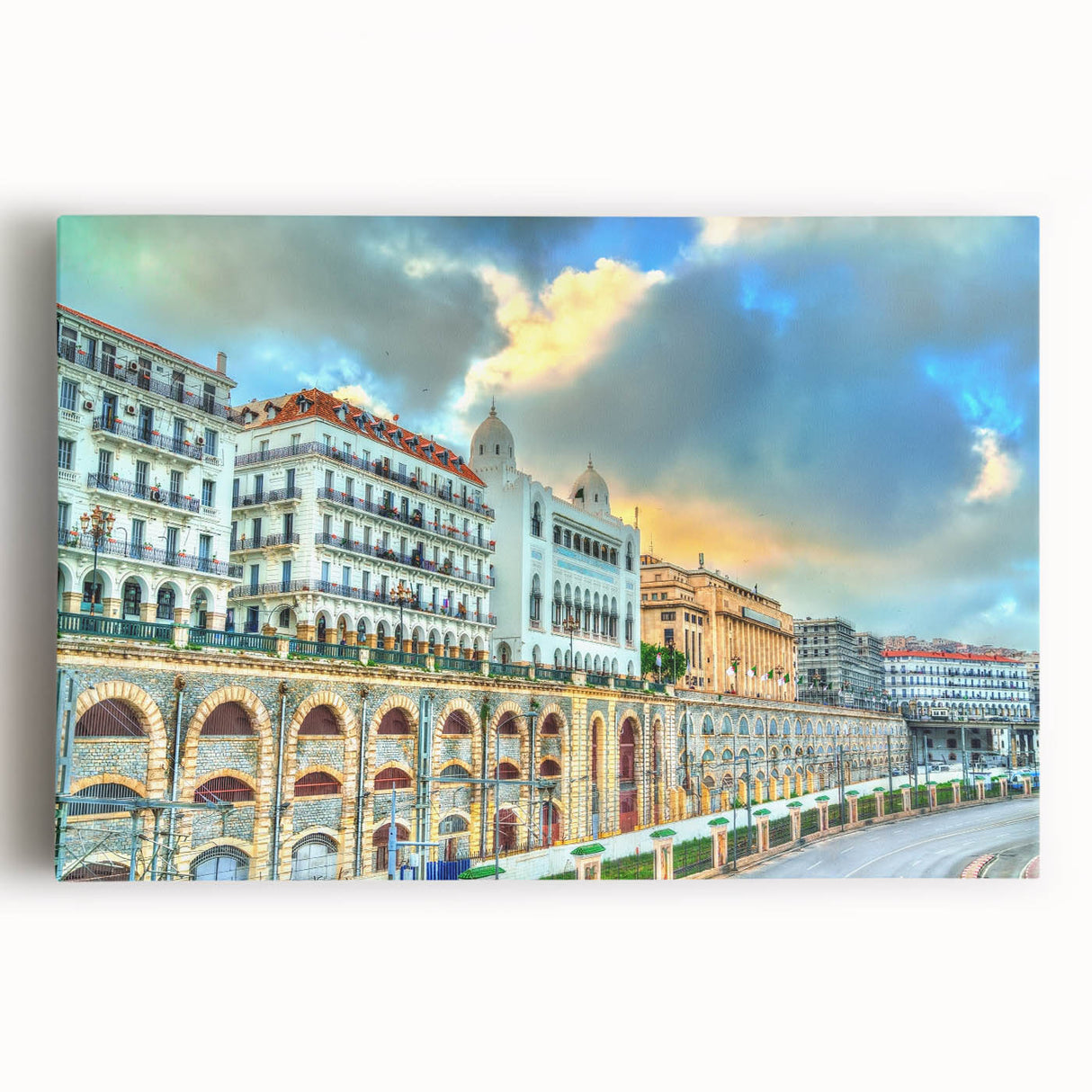 Large black and white stretched canvas of an Algerian landscape, ideal for kitchen wall art.