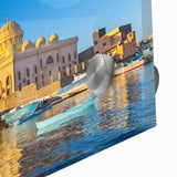 Large abstract depiction of the Egyptian landscape in muted earth tones on acrylic glass, suitable for dining room art.