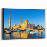 Black and white wall art featuring a vintage poster-style landscape of Egypt, ideal for bedroom decor.