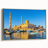 Landscape art painting of an Egyptian scene on framed canvas, featuring a palette of gold and black.