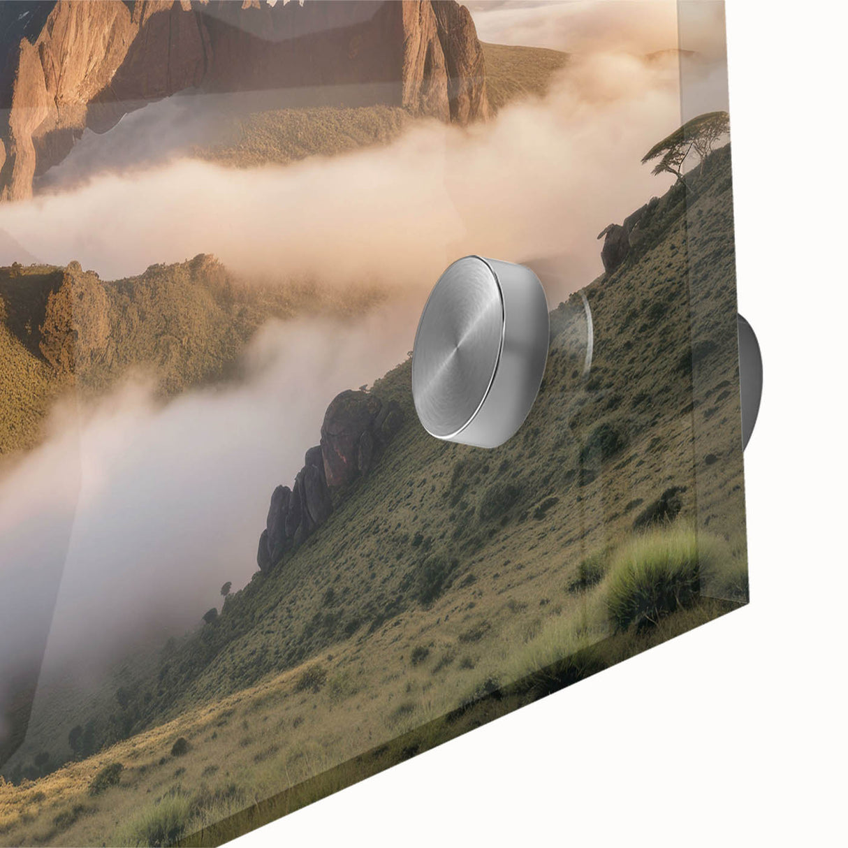 Large abstract depiction of a Kenyan landscape on acrylic glass, featuring earthy tones.